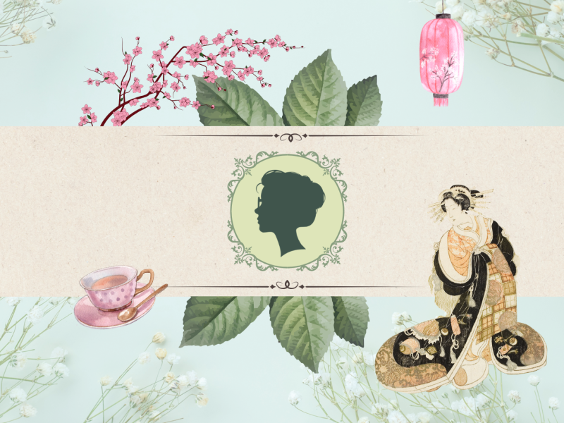 Miss Wiinholt logo with Japanese design and a cup of tea on a blue green background 