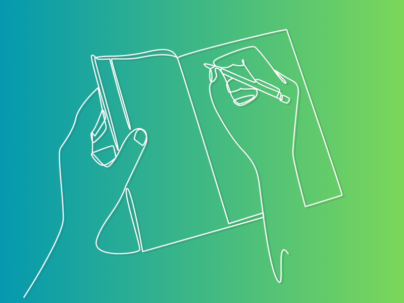 tegning af en hånd der skriver i en notesbog