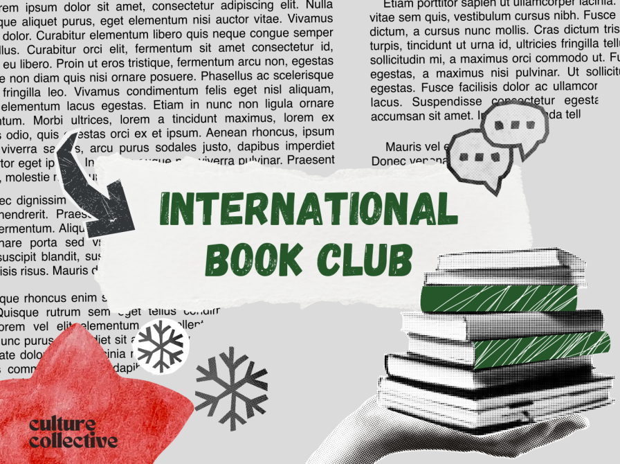 Grey field with a stack of green books being held in the front, the Culture Collective-logo is on, and there is a christmas-theme